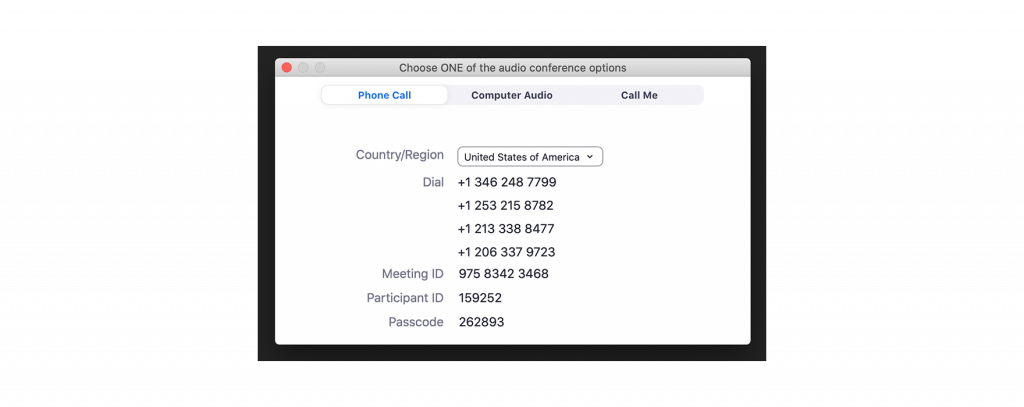 Screenshot of Zoom interface showing the phone numbers you can call to join a meeting.
